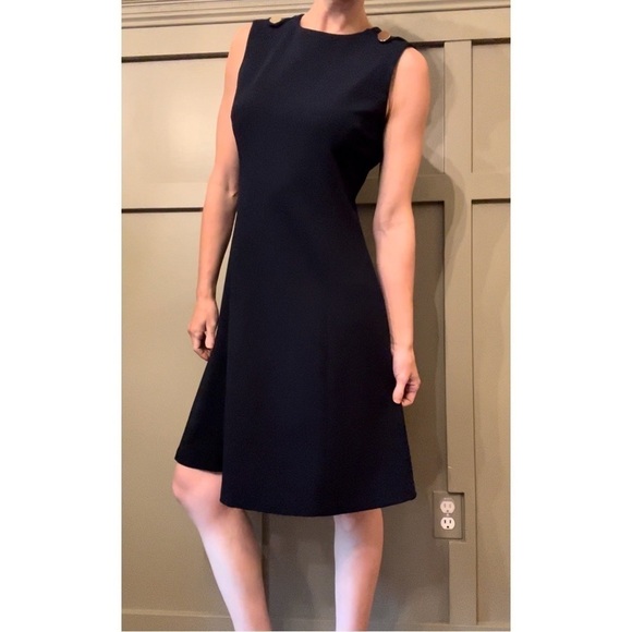 CALVIN Klein A-Line Career Office Dress Dark Navy Gold Button Shoulder Size 8 - Picture 2 of 11